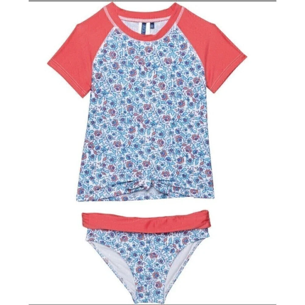 AQUA ET SOL Rash Guard Bikini Bottom Set Swimsuit UPF 50 Short Sleeve Girls Sz 4